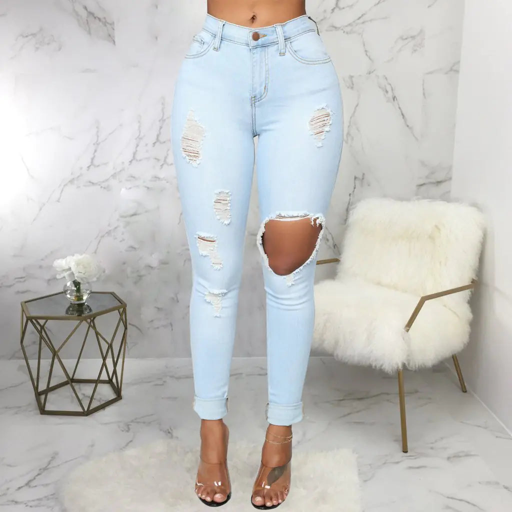 Pantalones de Moda de Denim Elástico de Cintura Alta