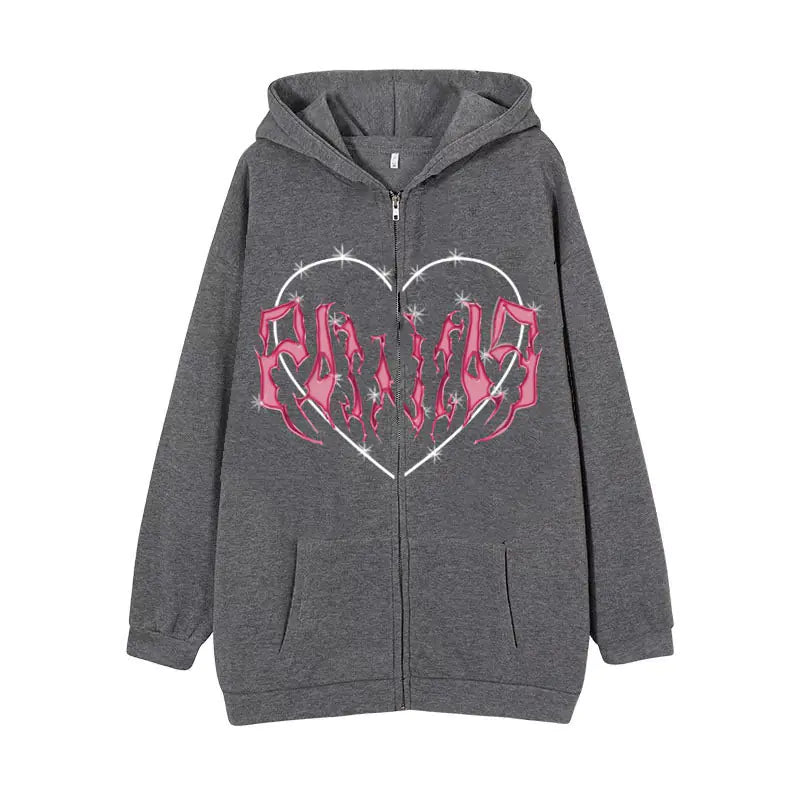Sudadera Y2K con Cremallera y Estampado de Corazón