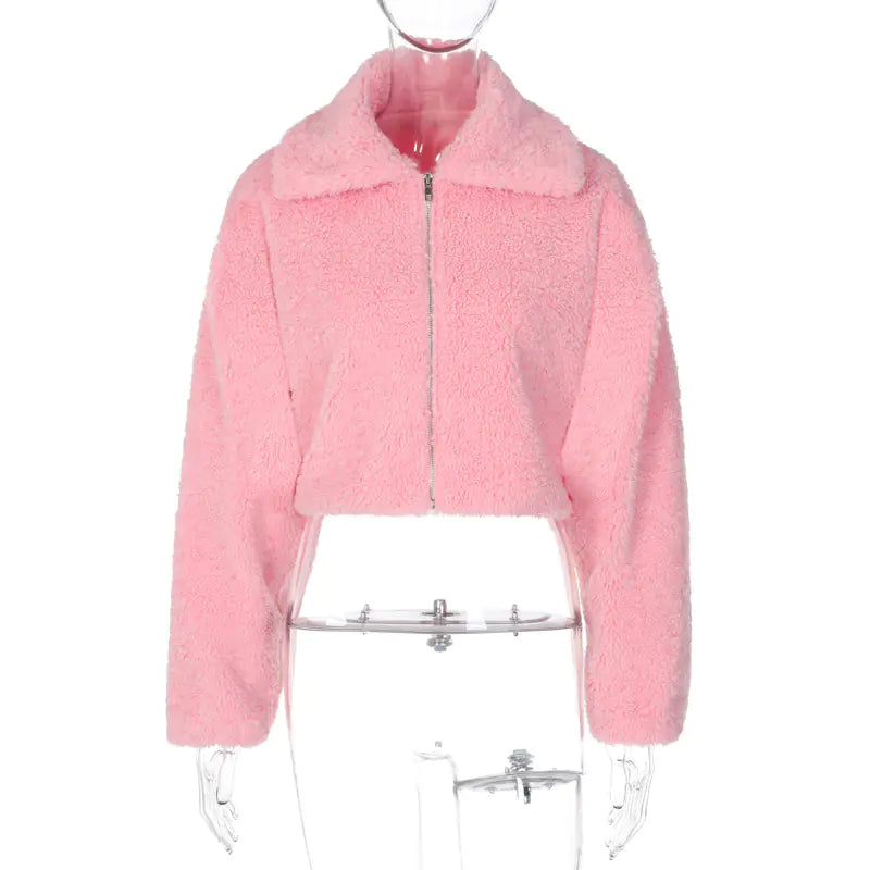Chaqueta Corta de Felpa Rosa - Moda Y2K