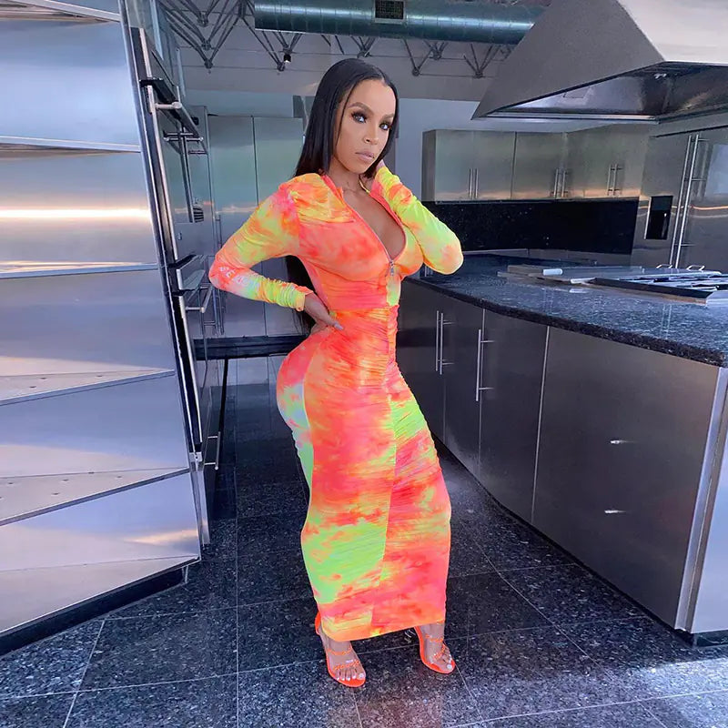 Vestido Bodycon de Manga Larga con Estampado Digital Otoña