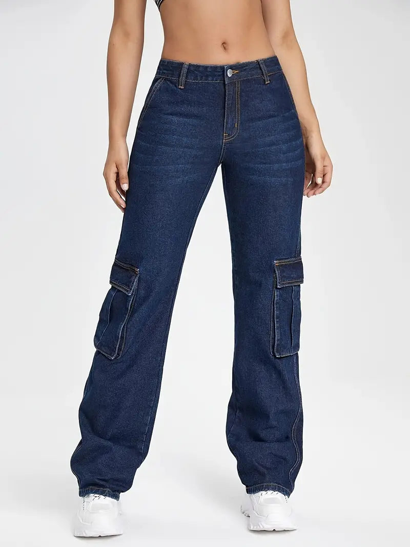 Pantalones Cargo de Denim Azul Oscuro para Mujer Y2K - Corte Holgado