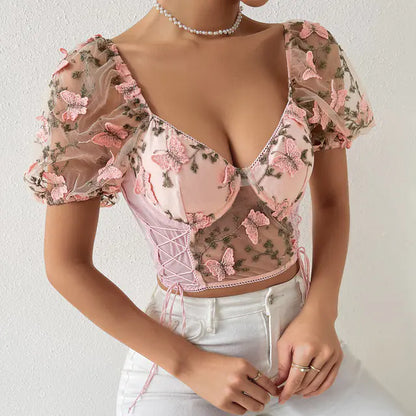 Top de tirantes sin espalda - Bordado de mariposas