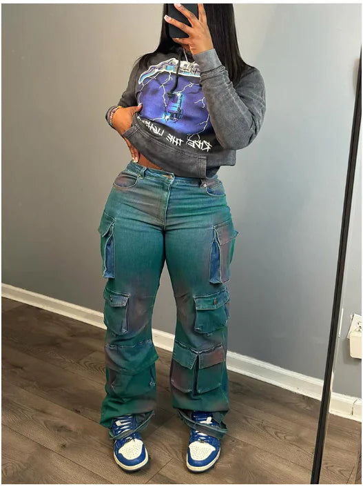 Jeans Cargo Tie-Dye de Cintura Alta