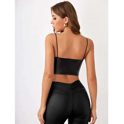 Top de Cuero Corto Sin Mangas con Escote en V