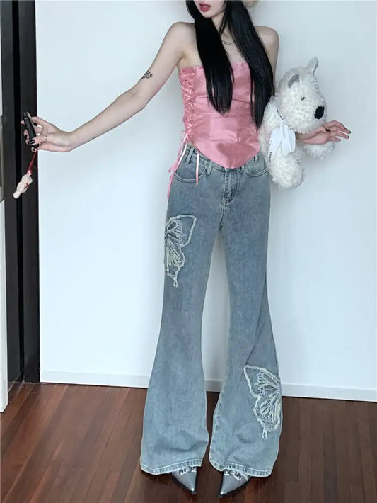 Pantalones Mop de Pierna Ligeramente Ancha y Cintura Baja con Desgaste