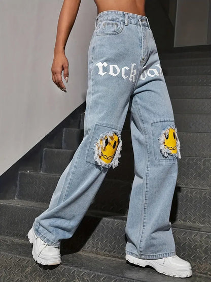 Jeans Rectos de Denim de Cintura Alta en Azul Claro para Mujer Y2K