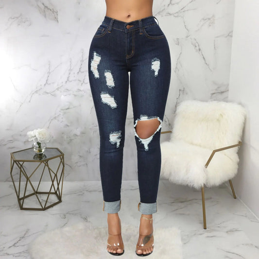 Pantalones de Moda de Denim Elástico de Cintura Alta
