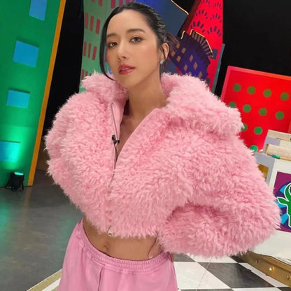 Chaqueta Corta de Felpa Rosa - Moda Y2K