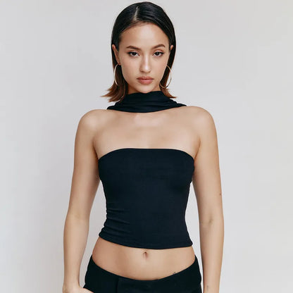 Tops Cortos de Satén Sin Espalda con Cuello Halter