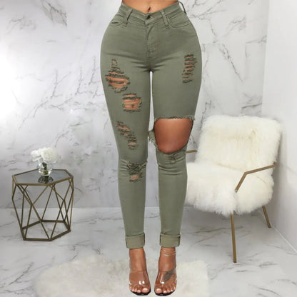 Pantalones de Moda de Denim Elástico de Cintura Alta