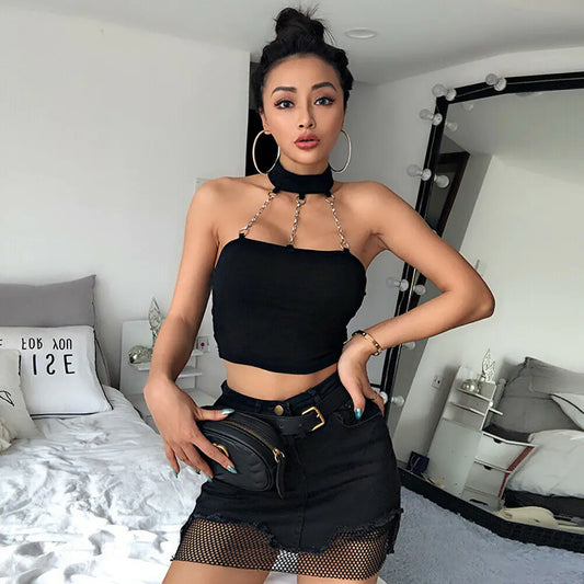 Top Crop Halter Sexy Harajuku con Cadenas Metálicas