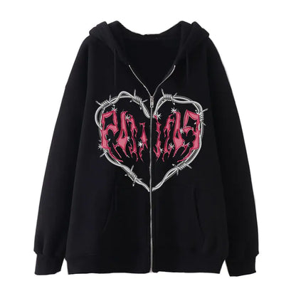 Sudadera Y2K con Cremallera y Estampado de Corazón