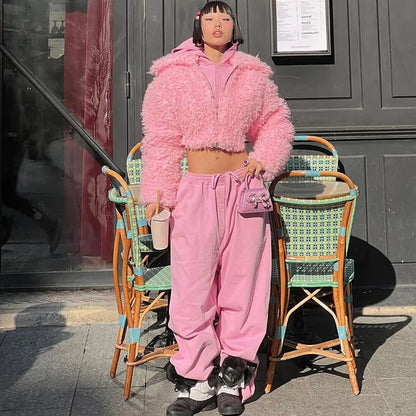 Chaqueta Corta de Felpa Rosa - Moda Y2K