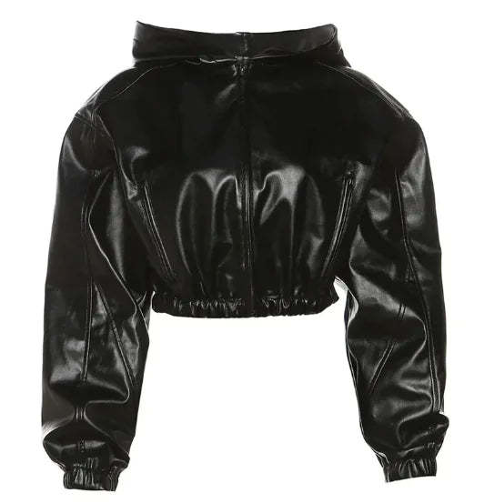 Chaqueta Crop de Cuero Sintético Negra