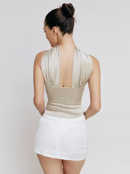 Tops Cortos de Satén Sin Espalda con Cuello Halter