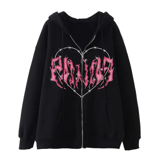 Sudadera Y2K con Cremallera y Estampado de Corazón