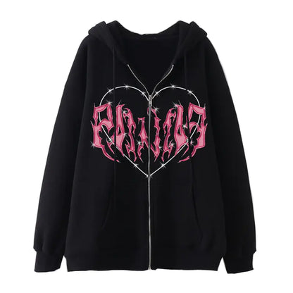Sudadera Y2K con Cremallera y Estampado de Corazón