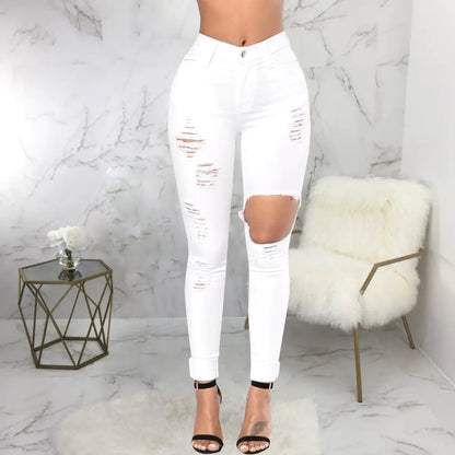 Pantalones de Moda de Denim Elástico de Cintura Alta