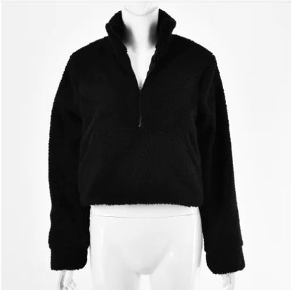 Solid Color Plush High Neck Zip-Up Hoodie with Pockets