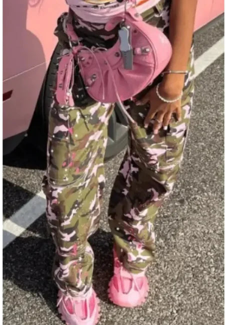 Pantalones Cargo Camuflados de Corte Recto y Cintura Alta
