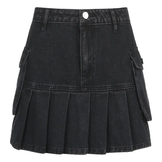 Falda Plisada de Denim de Cintura Alta