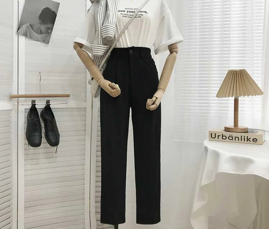 Pantalones Negros Sueltos y Ajustados de Talle Alto para Mujer