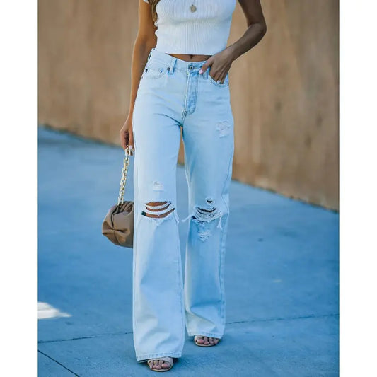 Ladies Washed Ripped Wide-leg Denim Trousers