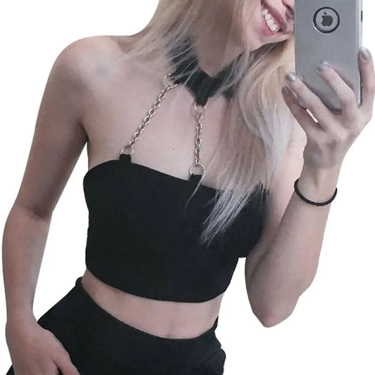 Top Crop Halter Sexy Harajuku con Cadenas Metálicas