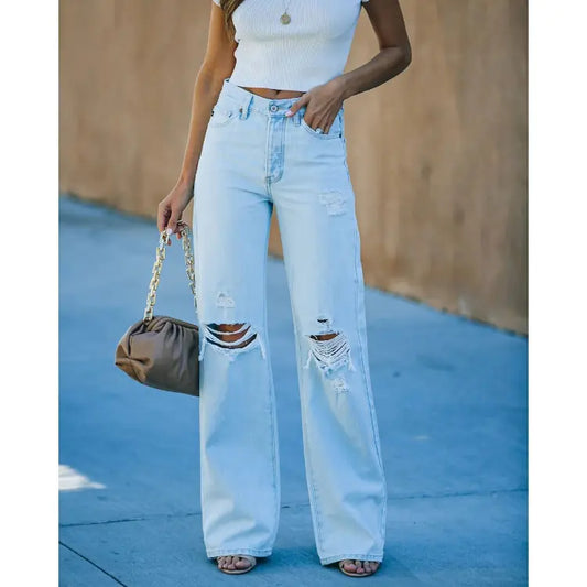 Ladies Washed Ripped Wide-leg Denim Trousers