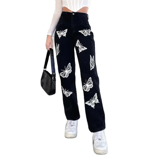 Jeans Rectos de Cintura Alta para Mujer con Estampado de Mariposas