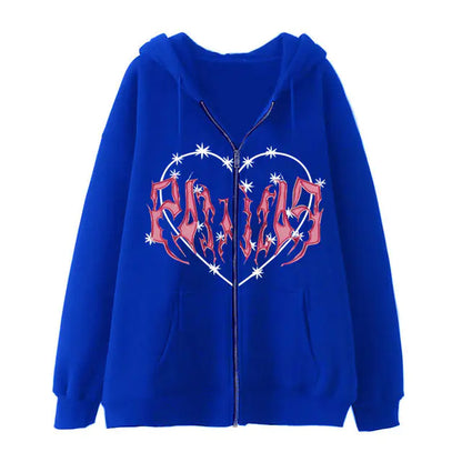 Sudadera Y2K con Cremallera y Estampado de Corazón