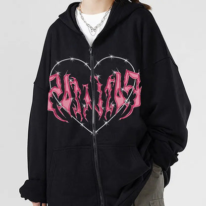 Sudadera Y2K con Cremallera y Estampado de Corazón