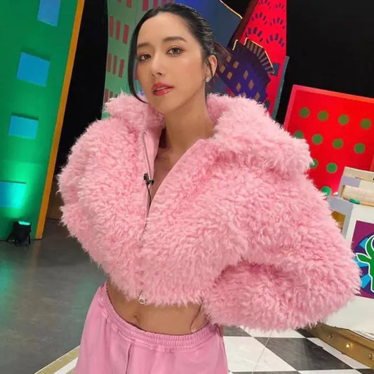 Chaqueta Corta de Felpa Rosa - Moda Y2K