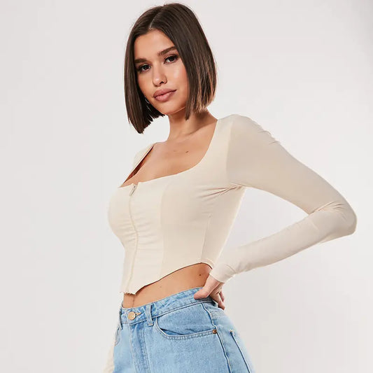 Top Corto con Cremallera y Cuello en U de Manga Larga para Mujer