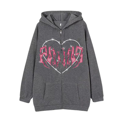 Sudadera Y2K con Cremallera y Estampado de Corazón