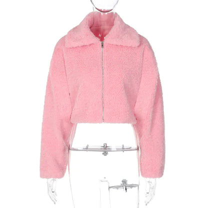 Chaqueta Corta de Felpa Rosa - Moda Y2K