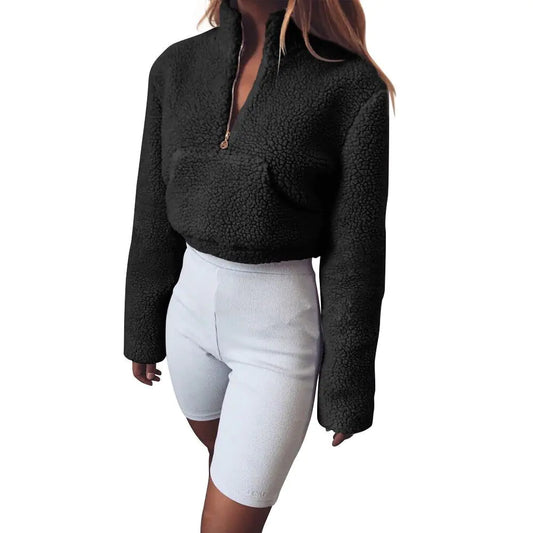 Solid Color Plush High Neck Zip-Up Hoodie with Pockets